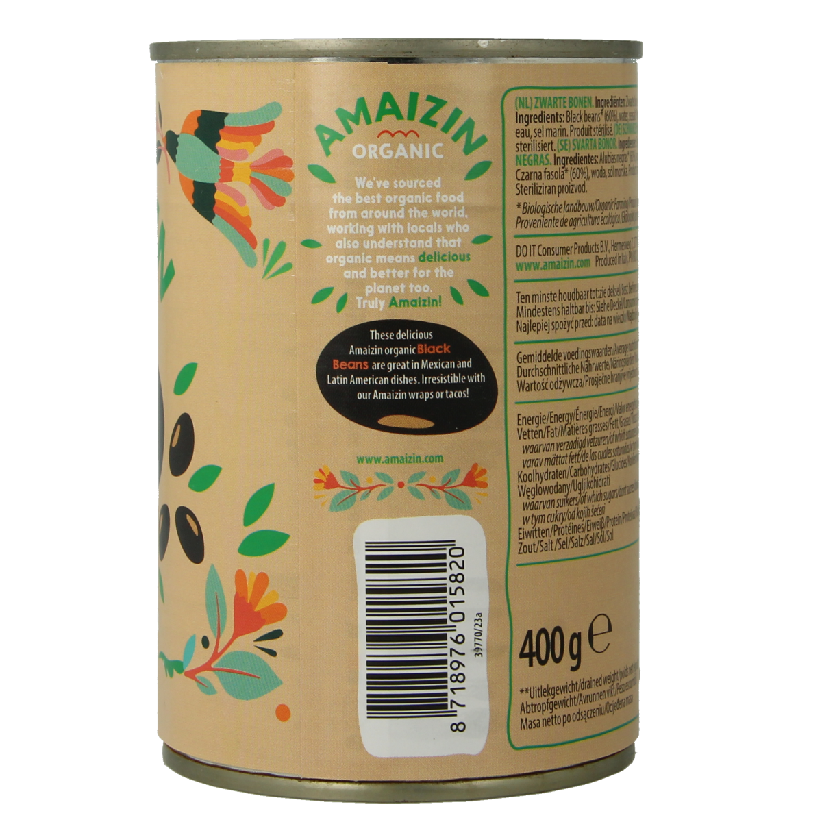 Organic Amaizin black beans in a 400g package, fresh and ready to cook, part of the vegetables, fruit, and potato selection.