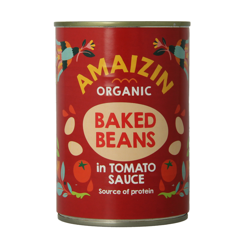 Canned Amaizin Witte Bonen in tomatensaus, organic, 400g, showing beans in tomato sauce in the can.