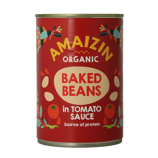 Canned Amaizin Witte Bonen in tomatensaus, organic, 400g, showing beans in tomato sauce in the can.