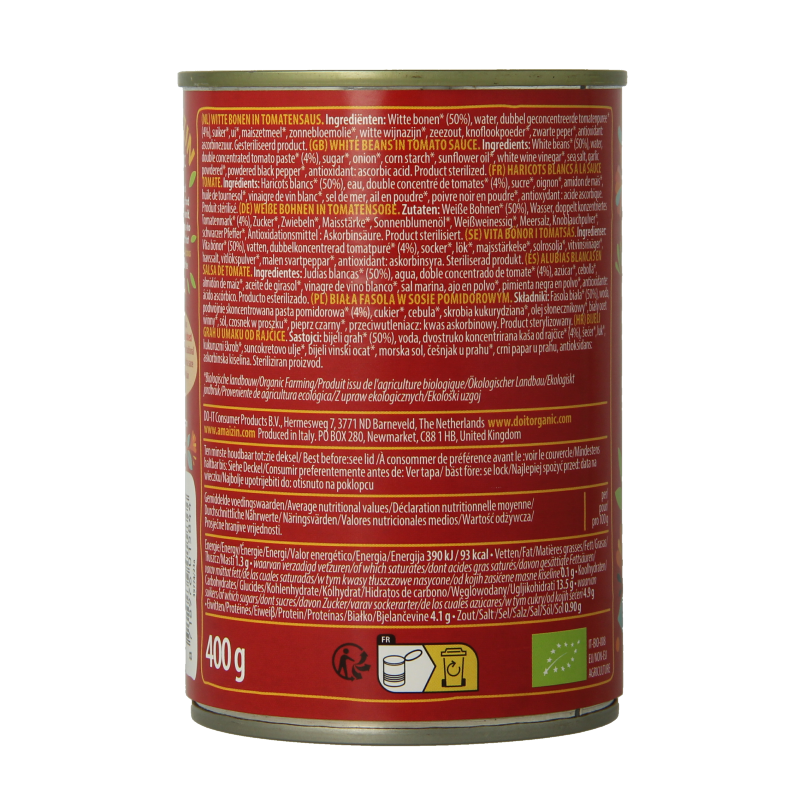 Amaizin bio white beans in tomato sauce in a 400g can, part of the aardappelen, groente en fruit product range.