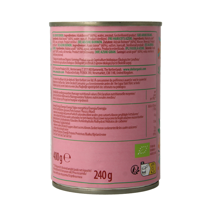 Organic Amaizin Aduki beans in a 400g package, shown with fresh vegetables and fruits, highlighting natural and healthy food.