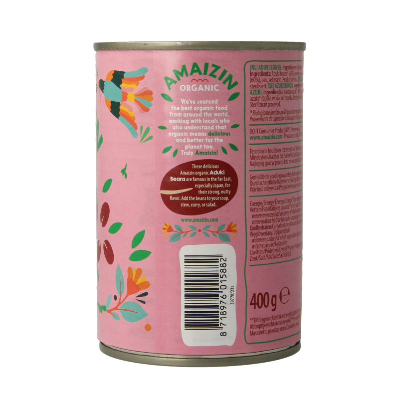 Amaizin Aduki bonen bio, 400g, organic adzuki beans in a clear package, fresh and natural food product.
