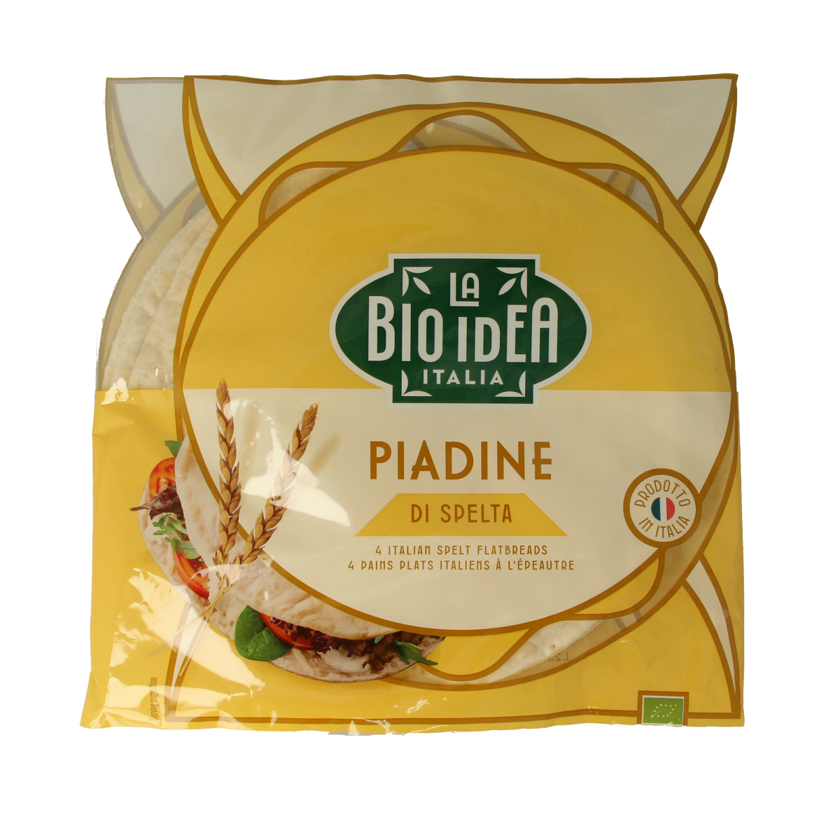 Bioidea spelt piadine wrap, organic pizza and wrap bread, 4-pack, showing the round, golden-brown spelt piadine with branding.