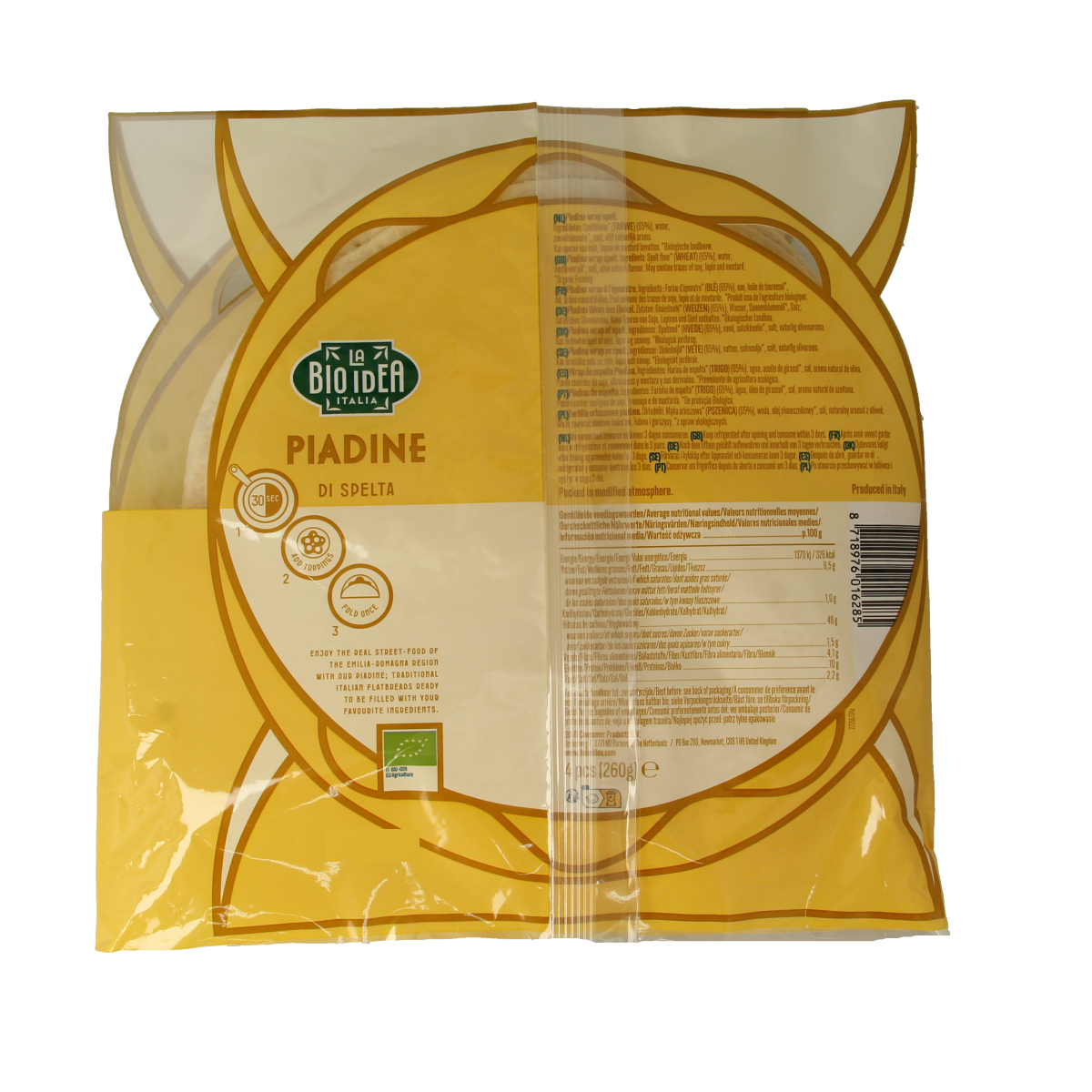Bioidea spelt piadine wrap, organic pizza and wrap bread, four-piece pack, natural and healthy Italian-style flatbread