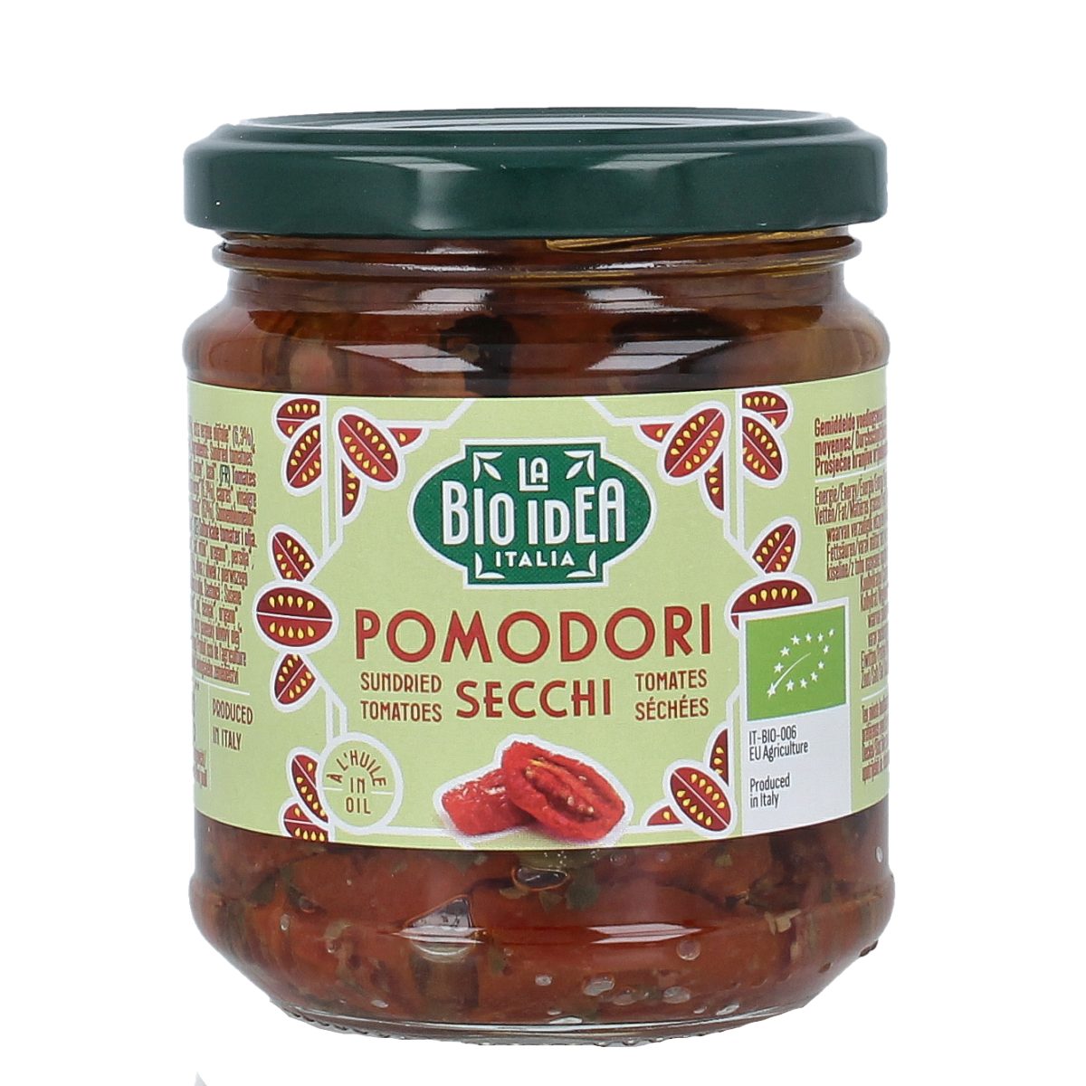 Canned organic sun-dried tomatoes in olive oil from La Bio Idea, 190 grams, shown in a glass jar with label.