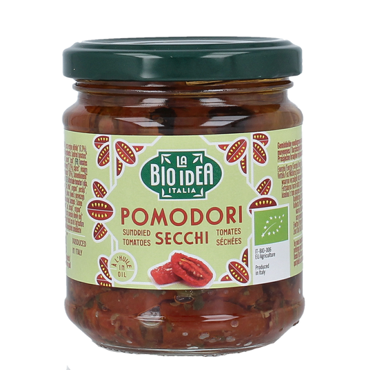 Canned organic sun-dried tomatoes in olive oil from La Bio Idea, 190 grams, shown in a glass jar with label.