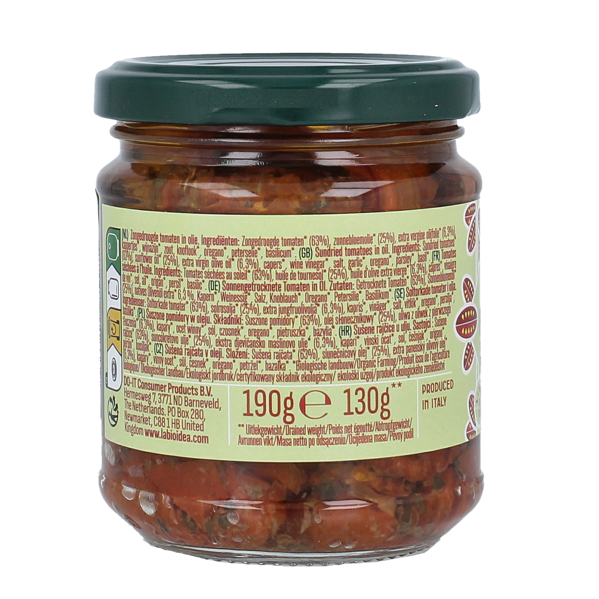Jar of La Bio Idea organic sun-dried tomatoes in olive oil, 190g, with vibrant tomatoes visible inside the glass jar.