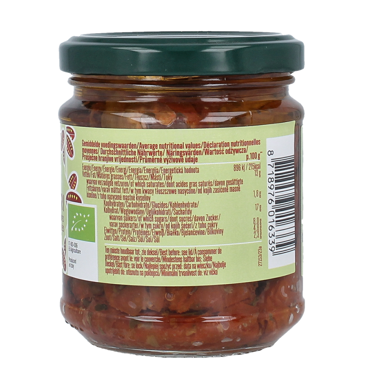 Jar of La Bio Idea organic sun-dried tomatoes in olive oil, 190g, with vibrant red tomatoes visible inside the glass jar.