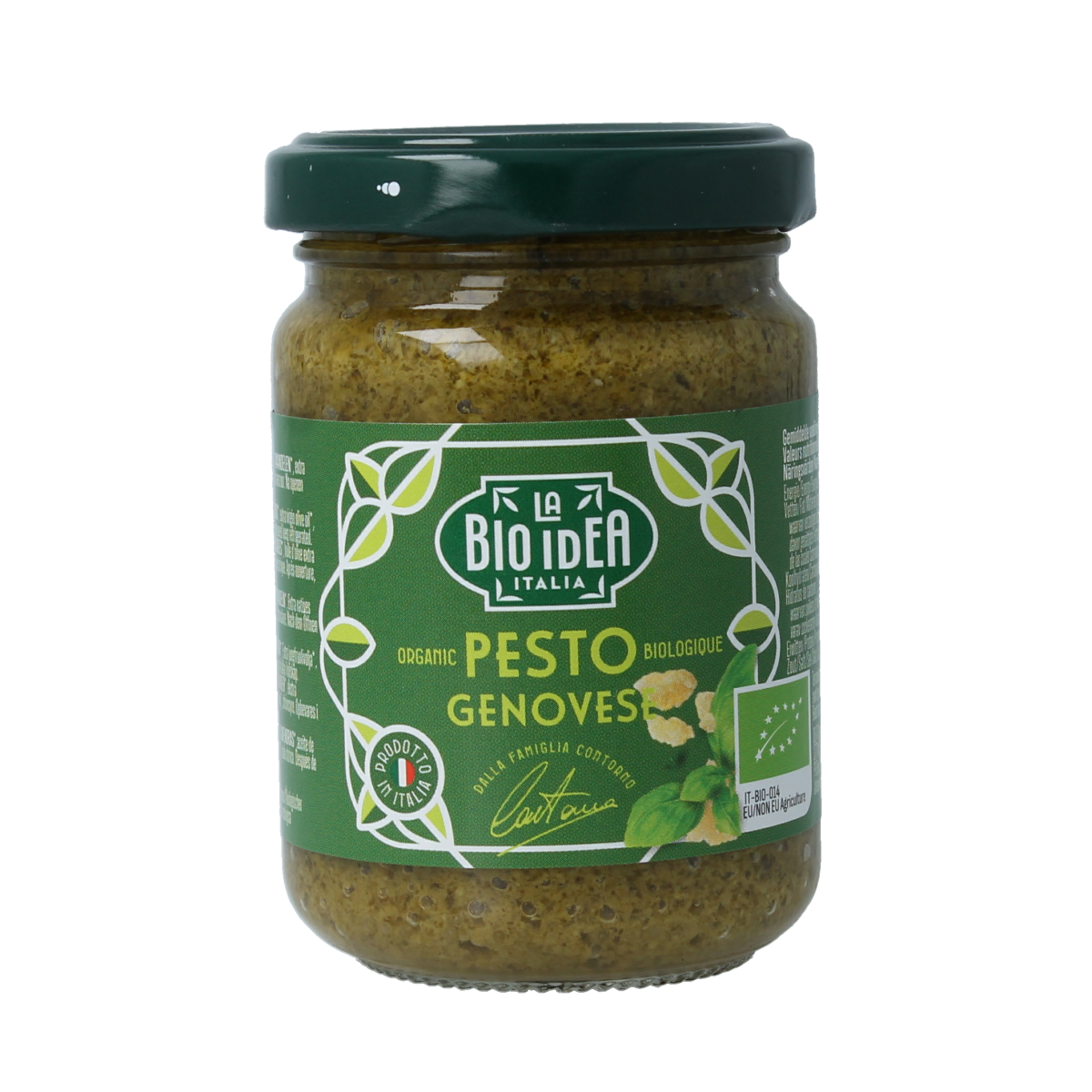 Bioidea organic pesto genovese in a 130g jar, with rice pasta, showcasing fresh basil, garlic, and Parmesan ingredients.