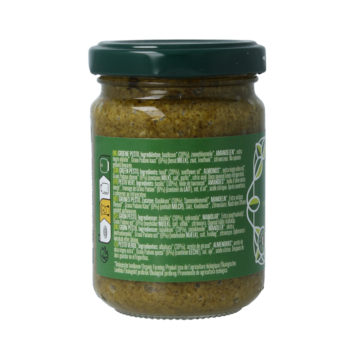 Bioidea organic pesto genovese pasta with rice, 130 grams, creamy basil sauce in a clear bowl.