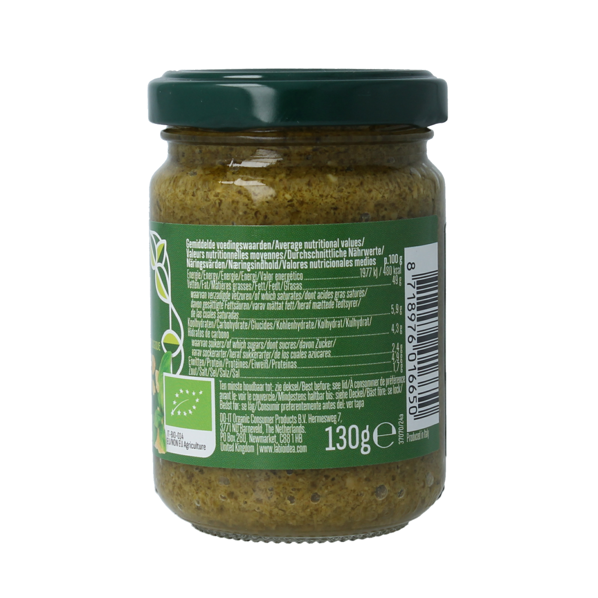 Bioidea organic pesto genovese pasta in rice, 130g, with fresh basil, garlic, and pine nuts visible in the sauce.