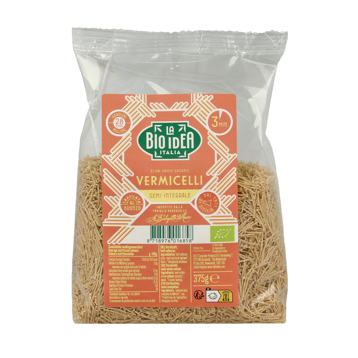 Bioidea organic half whole wheat vermicelli pasta in 375g package, shown in the image.