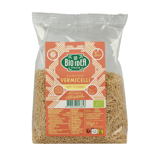Bioidea organic half whole wheat vermicelli pasta in 375g package, shown in the image.