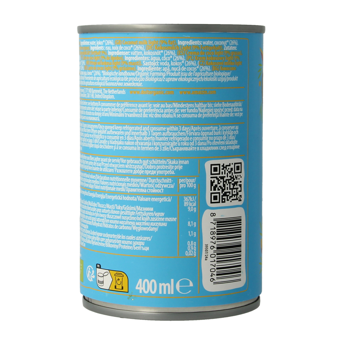 Amaizin Cocosmelk light bio 400ml bottle, organic coconut milk for sauces and cooking, with a smooth, light texture.