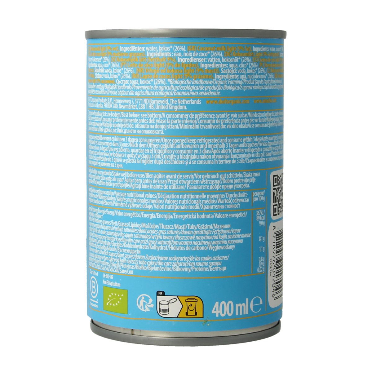 Amaizin Cocosmelk light bio 400ml in a bottle, organic coconut milk for sauces and flavorings, natural and smooth appearance.