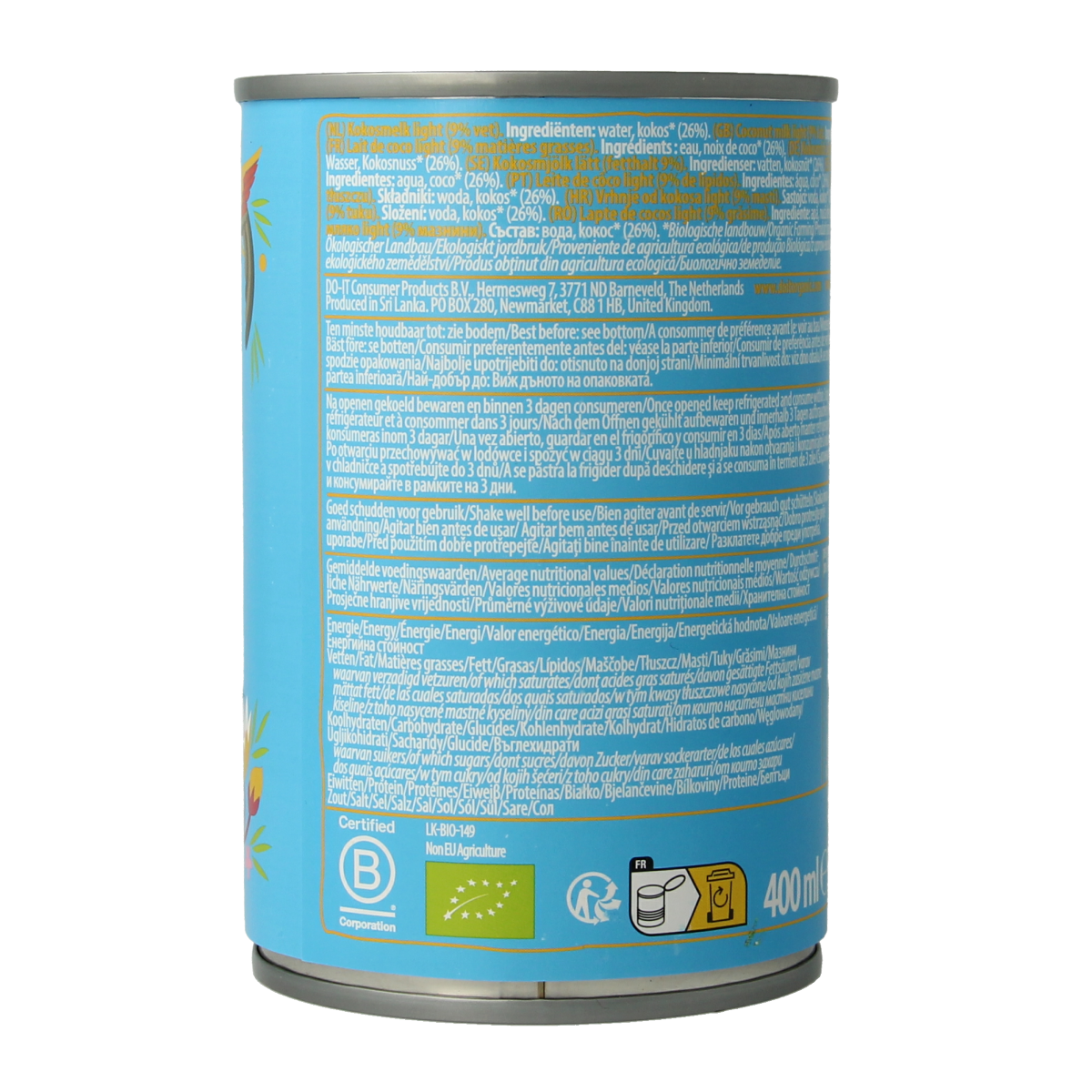 Amaizin Cocosmelk Light bio 400ml bottle, organic coconut milk in a squeeze bottle, suitable for sauces and flavoring.