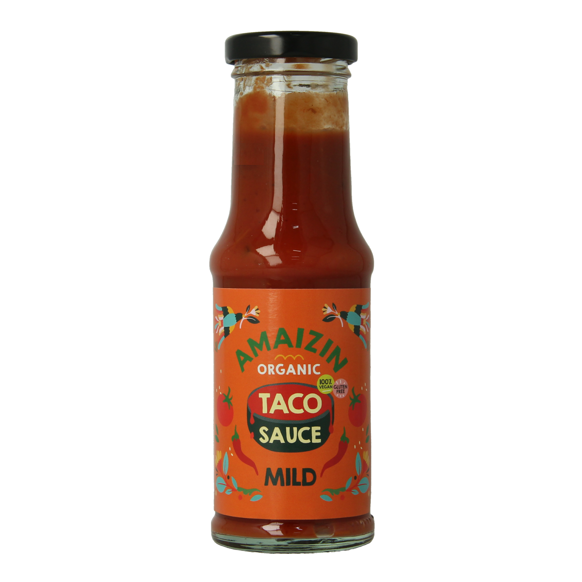 Mild Amaizin Taco saus in 220g bio package, a sauce and flavoring for tacos, with branding and packaging visible.