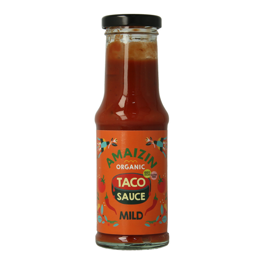 Mild Amaizin Taco saus in 220g bio package, a sauce and flavoring for tacos, with branding and packaging visible.