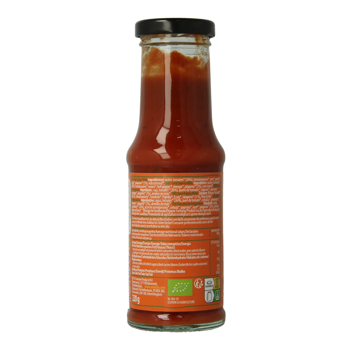 Amaizin Taco Saus Mild bio in 220g jar, creamy sauce for flavorful tacos and Mexican dishes, made with organic ingredients.