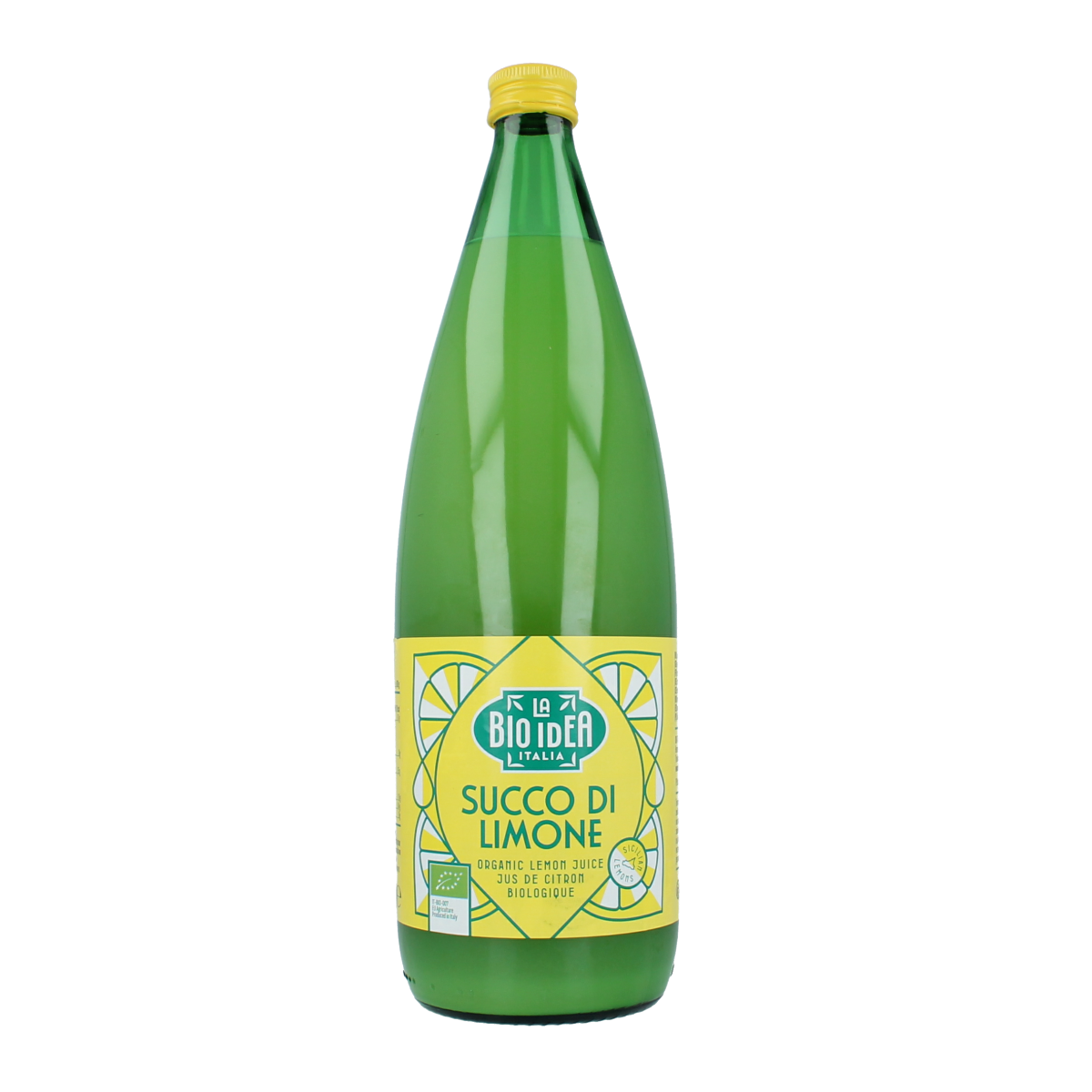 Bioidea organic lemon juice in a 1-liter bottle, showcasing fresh lemon slices and clear liquid in a natural setting.