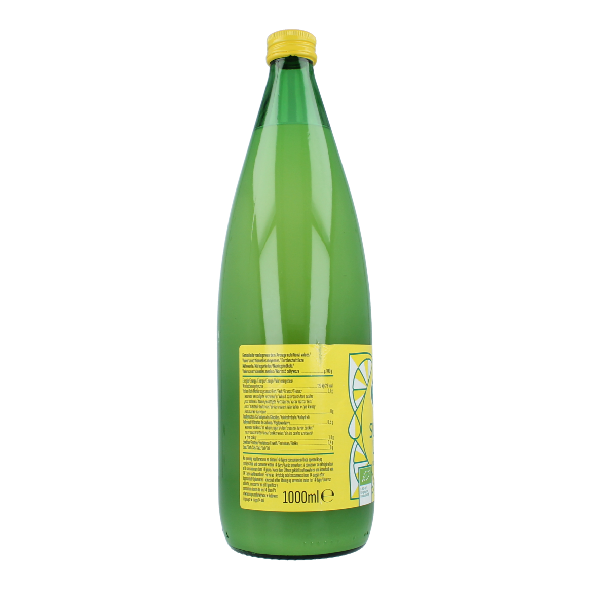 Bioidea organic lemon juice in a 1-liter bottle, natural citrus beverage from Bioidea, fresh and vibrant in clear packaging.