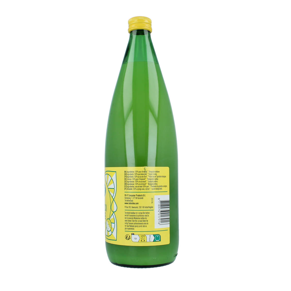 Bioidea organic lemon juice in a 1-liter bottle, highlighting fresh lemons and natural citrus flavor in a clear image.