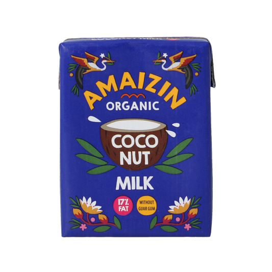 Amaizin bio coconut milk in a 200ml carton, suitable for drinks and smoothies, with a creamy white appearance.
