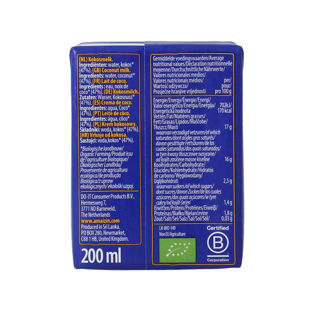 Organic Amaizin coconut milk in a 200ml carton, showing the label and packaging of this dairy-free drink.