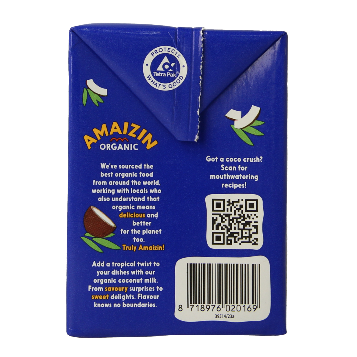 Organic Amaizin coconut milk in a 500ml bottle, used as a sauce and flavoring in cooking, with a white liquid and coconut imagery.