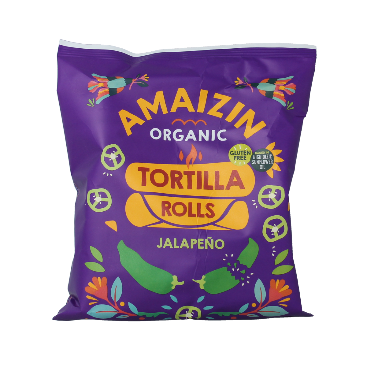 Amaizin bio jalapeno maize chips in 100g bag, crispy snack with spicy jalapeno flavor and natural ingredients.