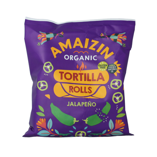 Amaizin bio jalapeno maize chips in 100g bag, crispy snack with spicy jalapeno flavor and natural ingredients.