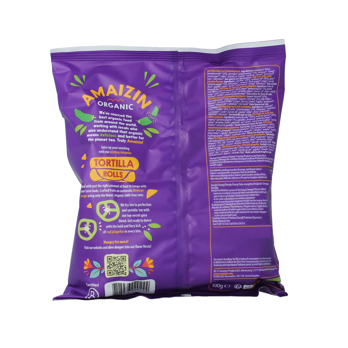 Amaizin bio jalapeno maize chips in 100g, crunchy salty snack with spicy jalapeno flavor, natural ingredients, and eco-friendly packaging.