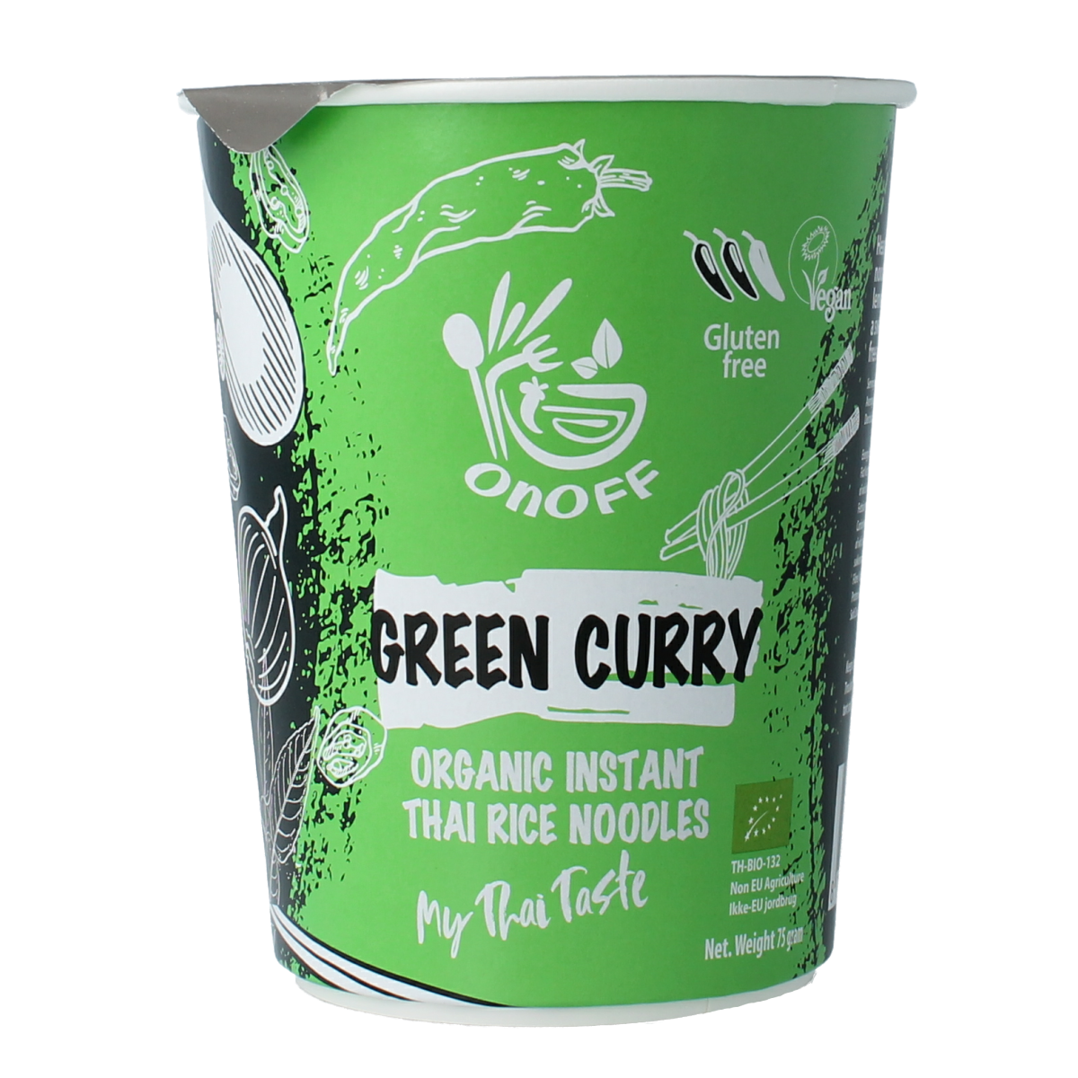 Onoff Green Curry Instant Noodle Soup in a 75g package, featuring vibrant green curry ingredients and packaging.