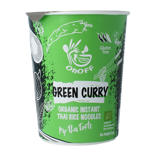 Onoff Green Curry Instant Noodle Soup in a 75g package, featuring vibrant green curry ingredients and packaging.