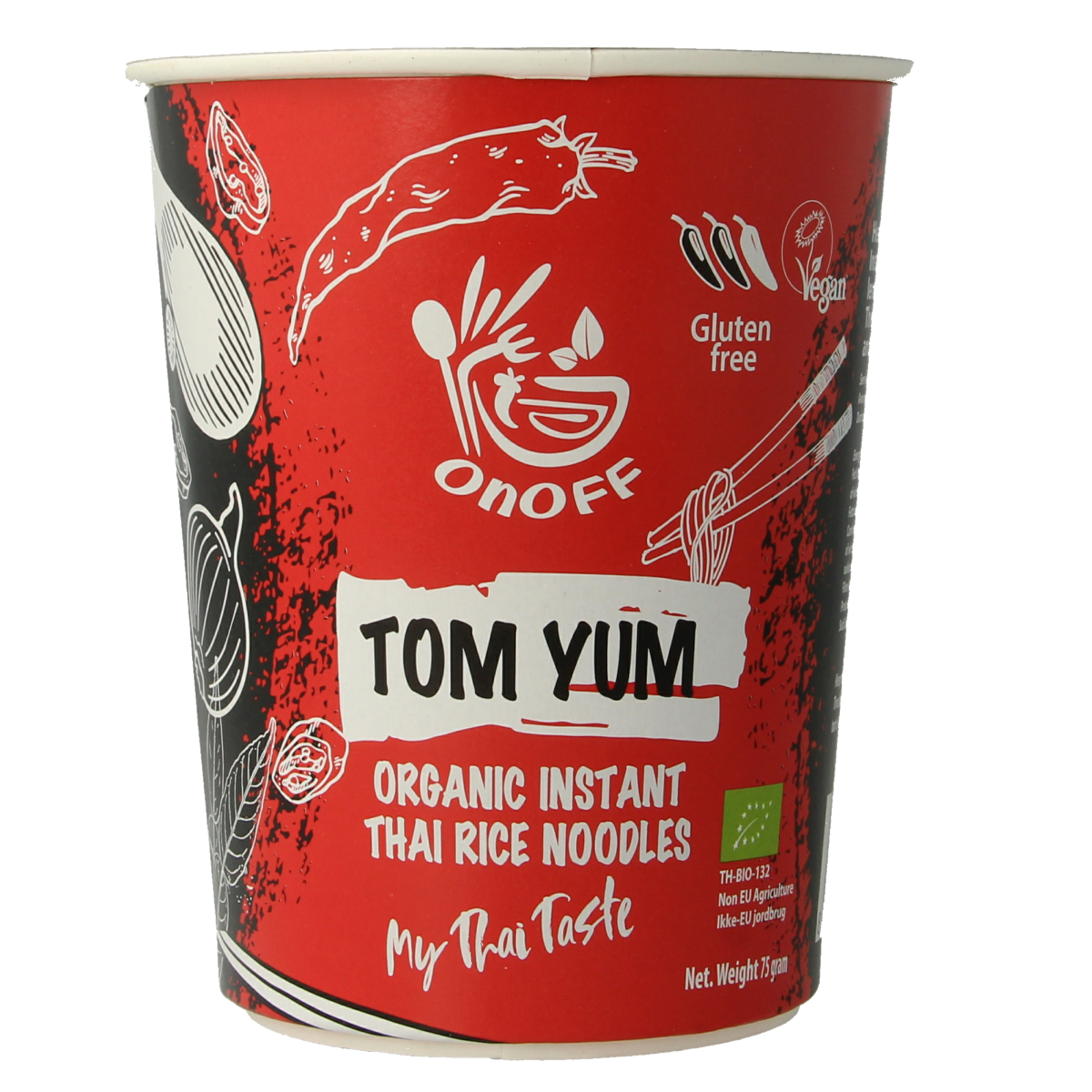 Onoff Tom Yum instant noodle soup in a 75g package, featuring spicy Thai flavors, in a bowl with noodles and herbs.