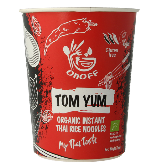 Onoff Tom Yum instant noodle soup in a 75g package, featuring spicy Thai flavors, in a bowl with noodles and herbs.
