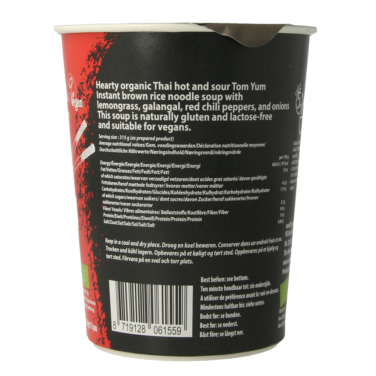 Onoff Tom Yum instant noodle soup in bio broth, 75g, with colorful ingredients and packaging.