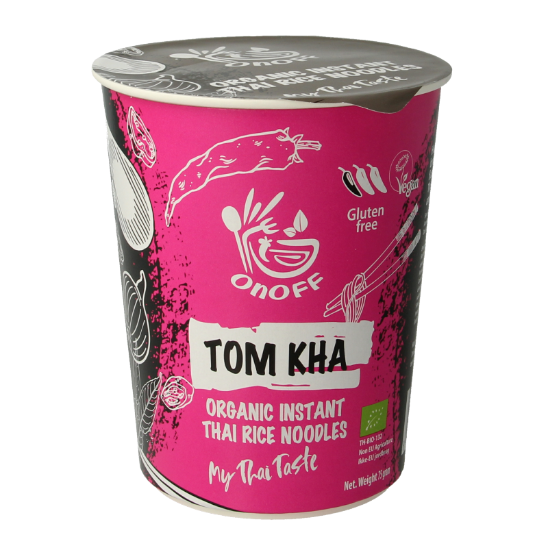 Onoff Instant Tom Kha Noodle Soup in 75g package, bio, with creamy coconut broth, herbs, and spices, ready to enjoy.