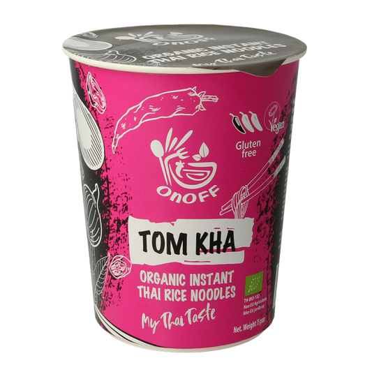 Onoff Instant Tom Kha Noodle Soup in 75g package, bio, with creamy coconut broth, herbs, and spices, ready to enjoy.