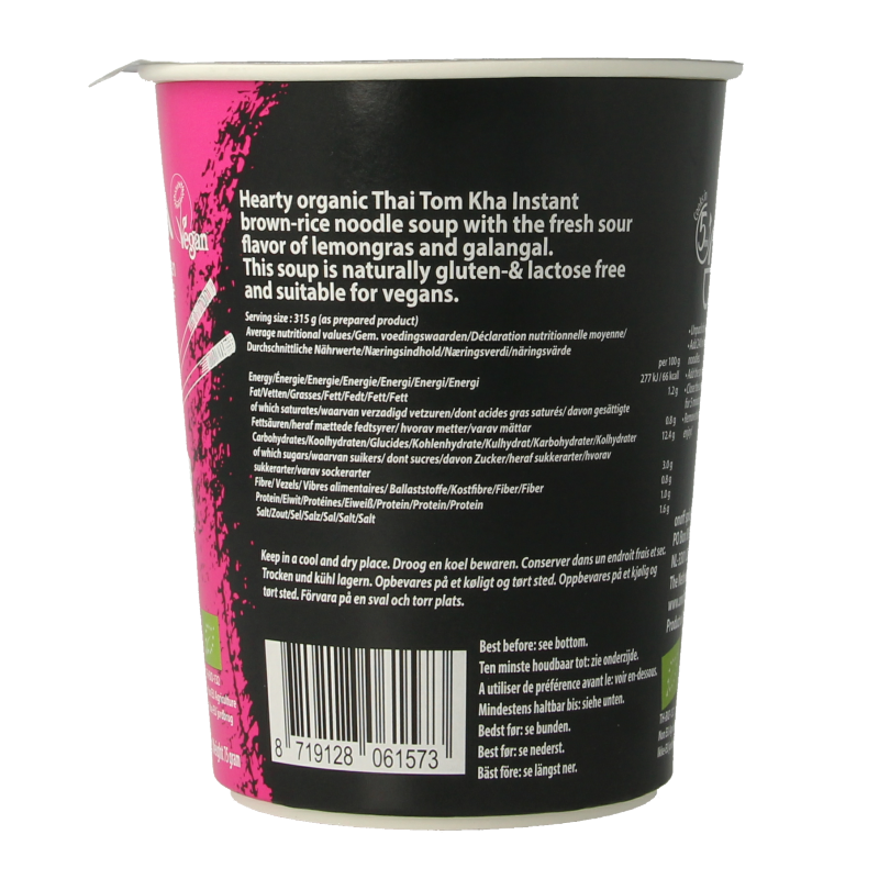 Onoff Instant Tom Kha Noodle Soup in 75g package, bio, with images of noodles, herbs, and soup ingredients on the packaging.