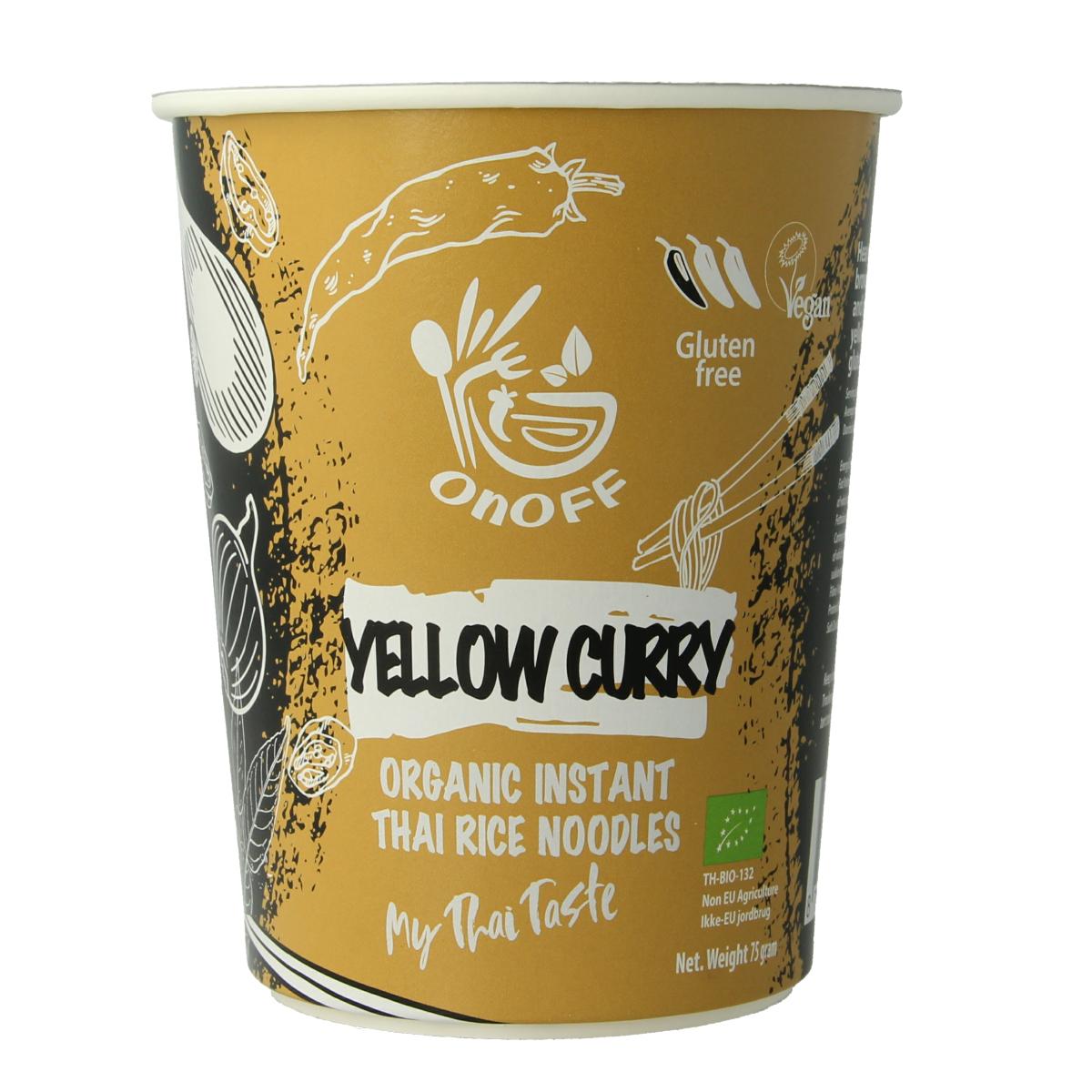 Onoff instant yellow curry noodle soup in 75g bio packaging, showing the product package and branding.