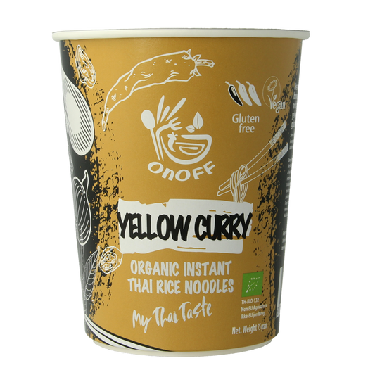 Onoff instant yellow curry noodle soup in 75g bio packaging, showing the product package and branding.