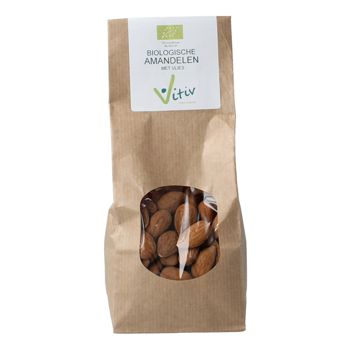 Raw organic Vitiv almonds with skin in a 250g package, showcasing the almonds' natural texture and brown color.