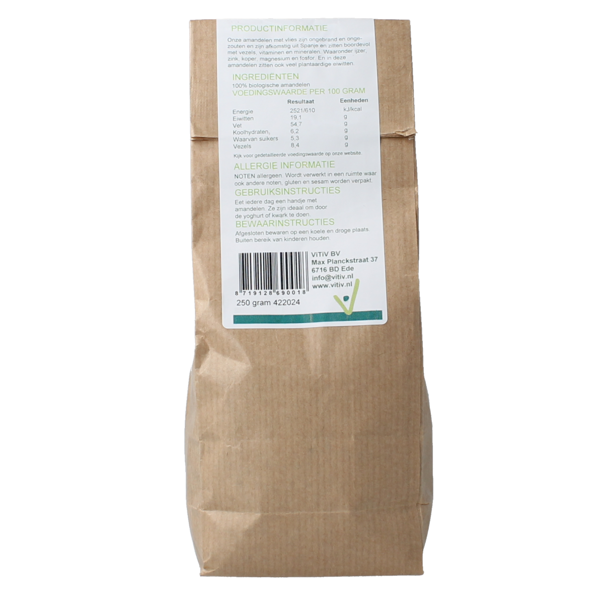 Raw organic Vitiv almonds with skin, 250g, shown in a clear image highlighting the almonds' natural appearance.