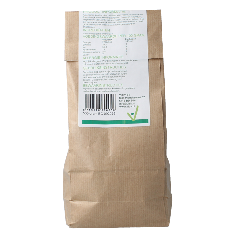 Raw organic Vitiv almonds without skins in 500 grams package, superfood quality, shown in a clear image.