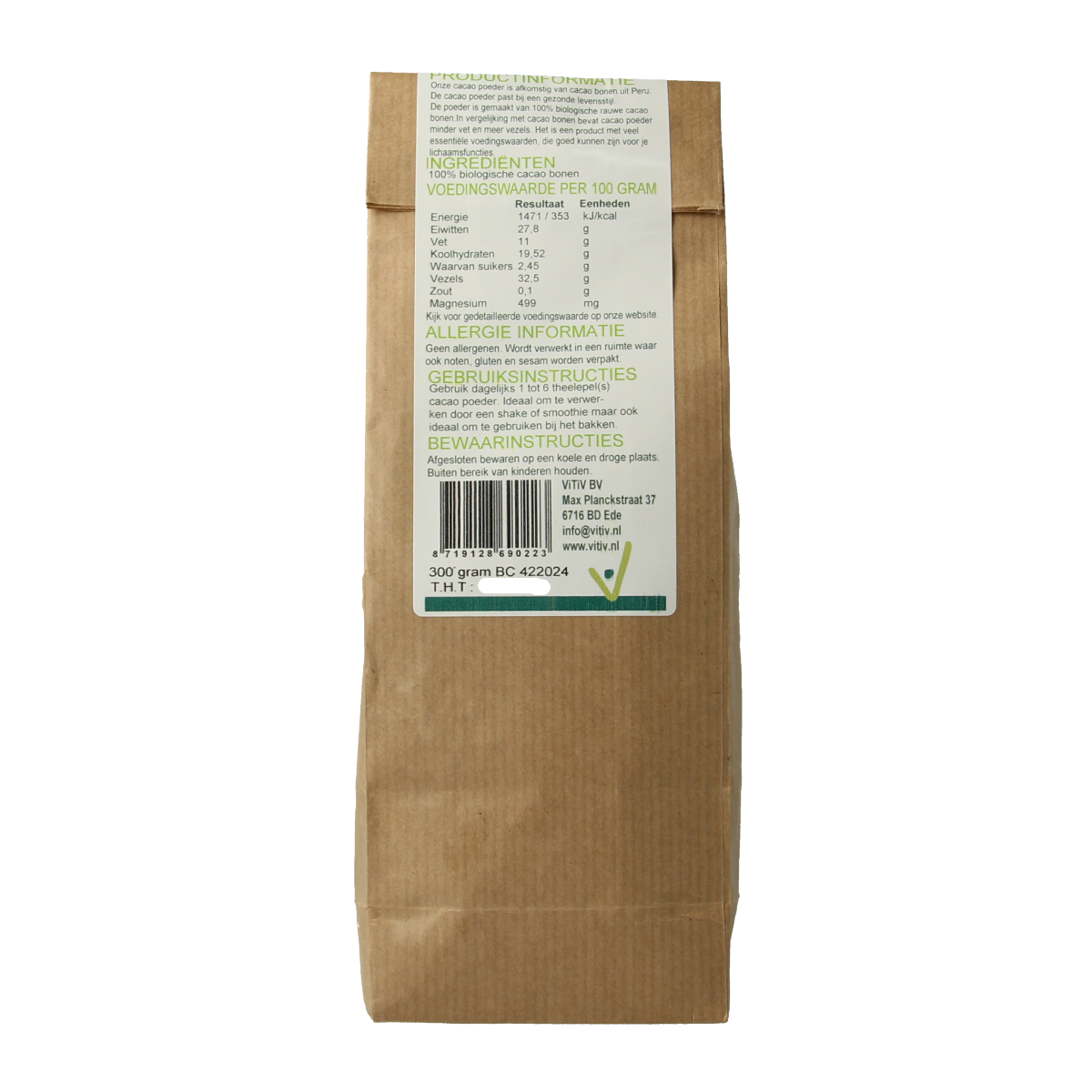 Vitiv bio cacao powder in 300g package, raw superfood with rich cocoa color and natural texture, ideal for healthy recipes.