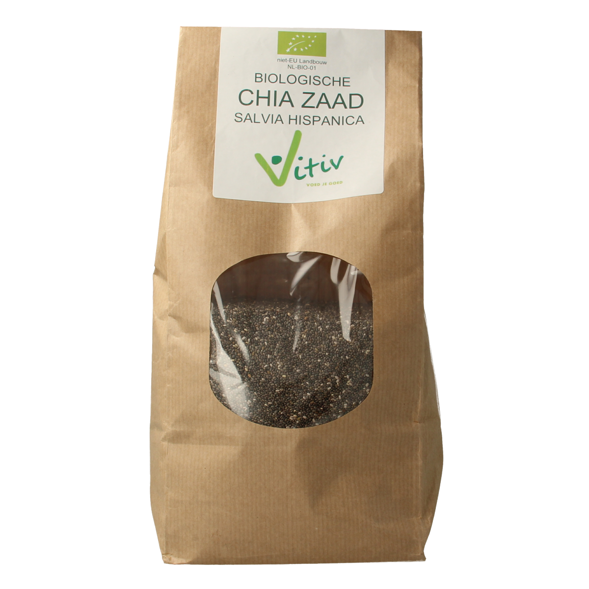 Vitiv bio chia seeds, raw superfood in a 1kg package, shown in a clear image with chia seeds scattered on a surface.