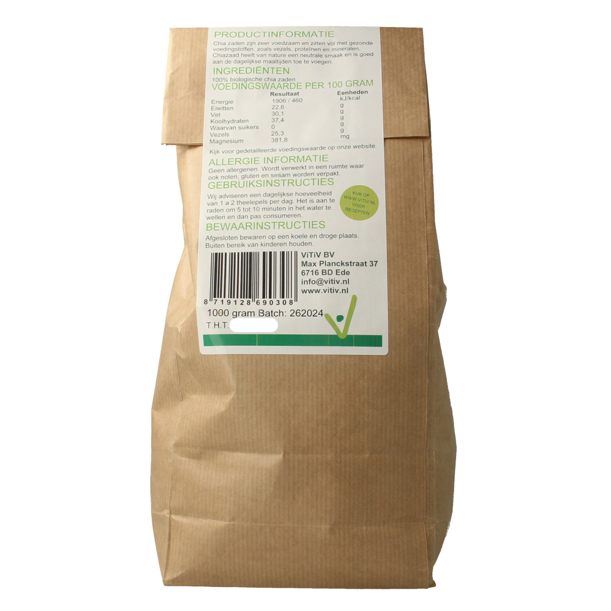 Vitiv organic chia seeds in a 1kg package, raw superfood product with detailed label and nutritional information visible.
