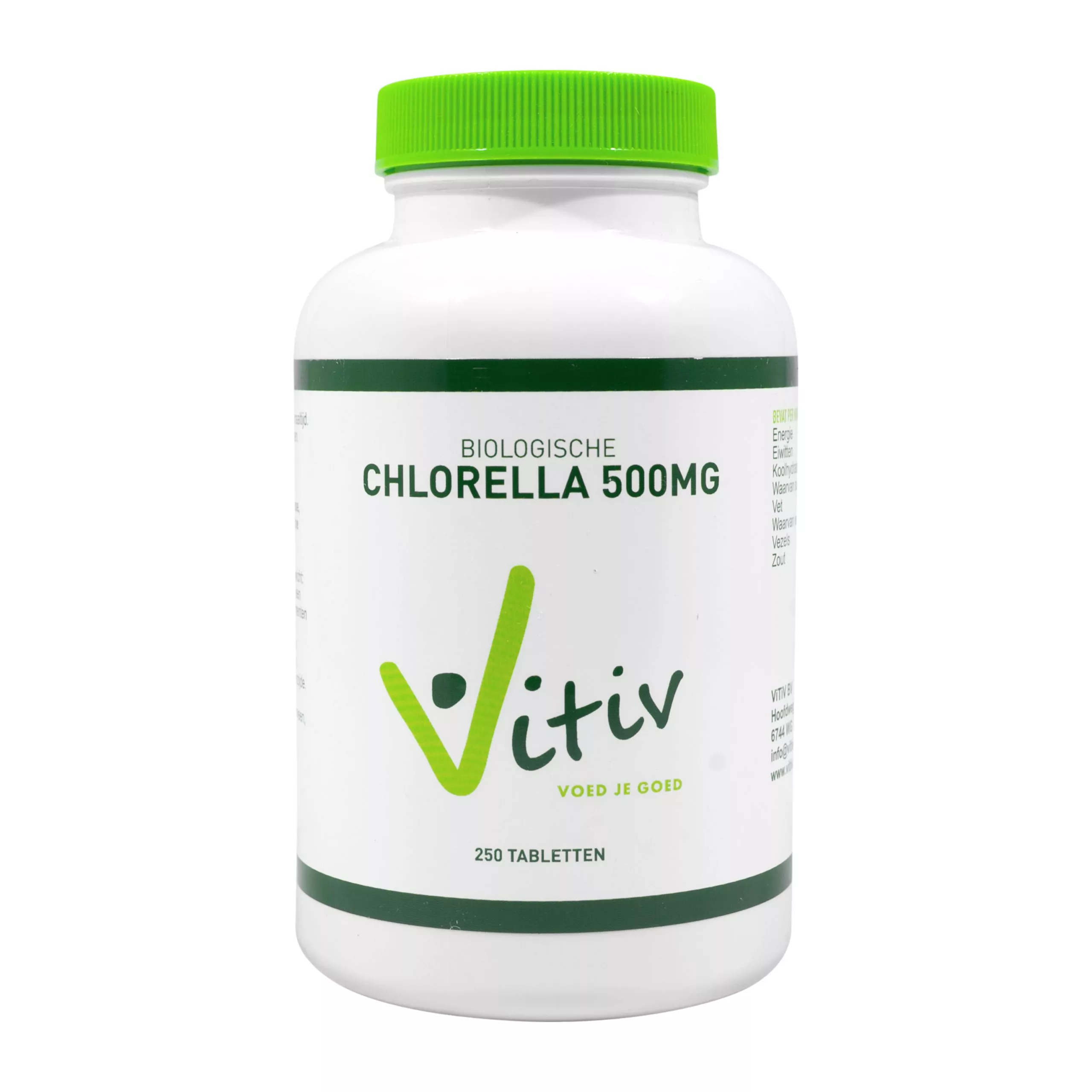 Vitiv Chlorella 500mg supplement tablets, natural herbal preparation, 250 count, green algae health supplement.
