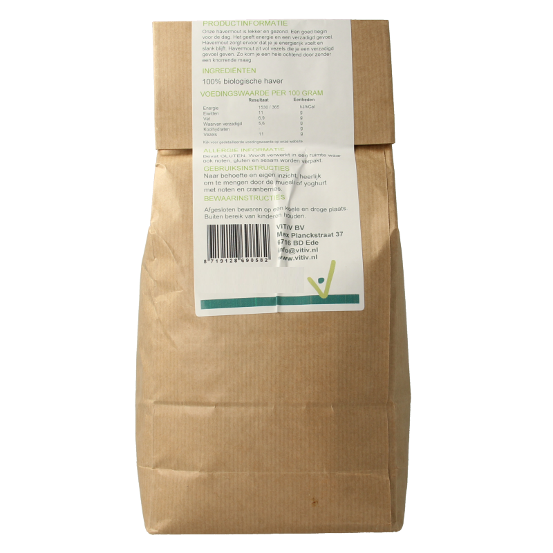 Organic Vitiv Havermout breakfast cereal in a 1kg package, showing the label and oats inside the transparent bag.
